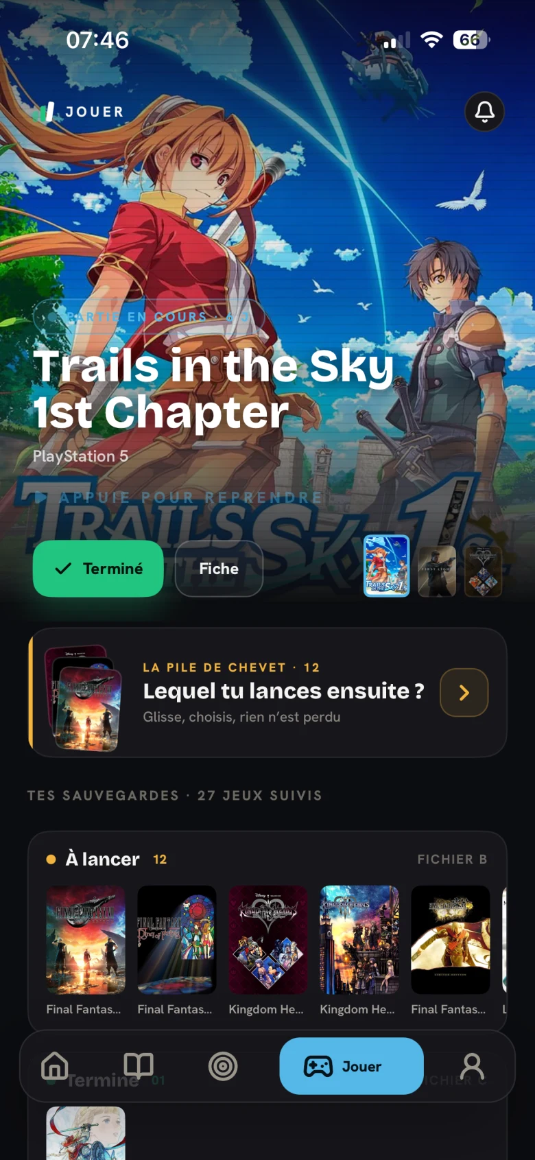 La pile de chevet et la partie en cours dans SideQuest